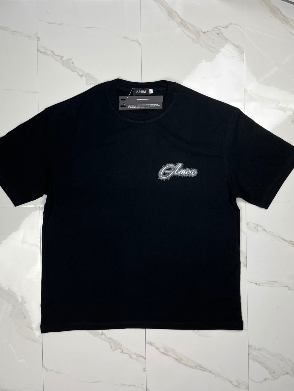 Amiri Black Logo Graphic T-Shirt with Rhinestone Detailing